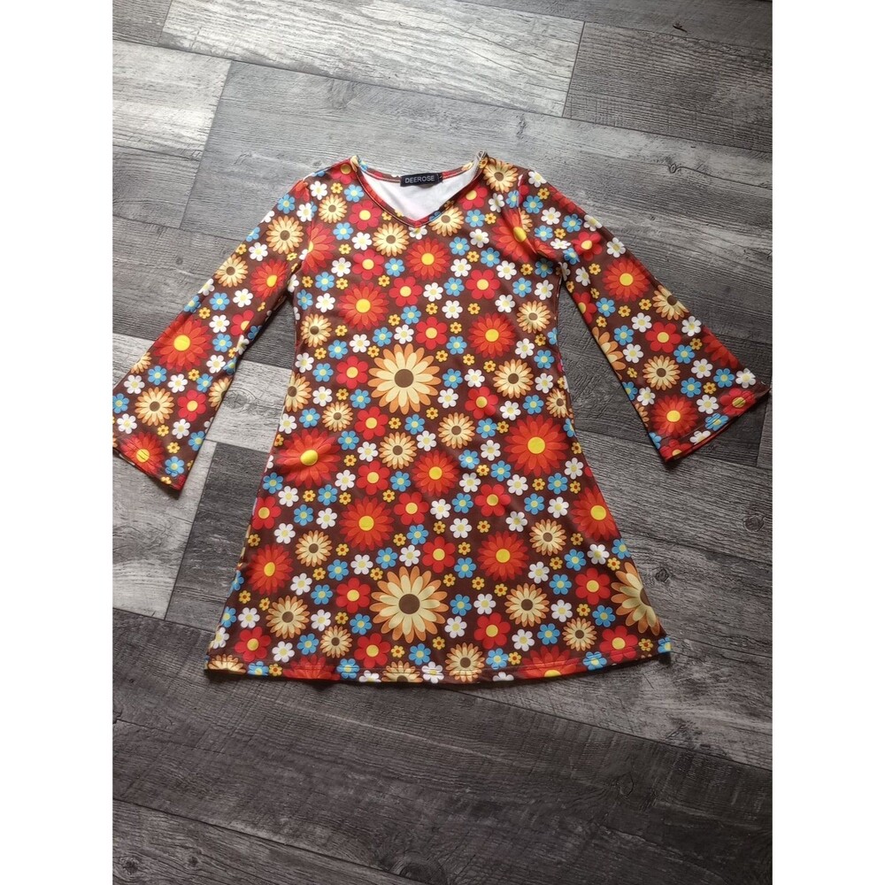 Deerose Girls L Brown Floral 60's Flower Child Bell Sleeve Dress, NWOT